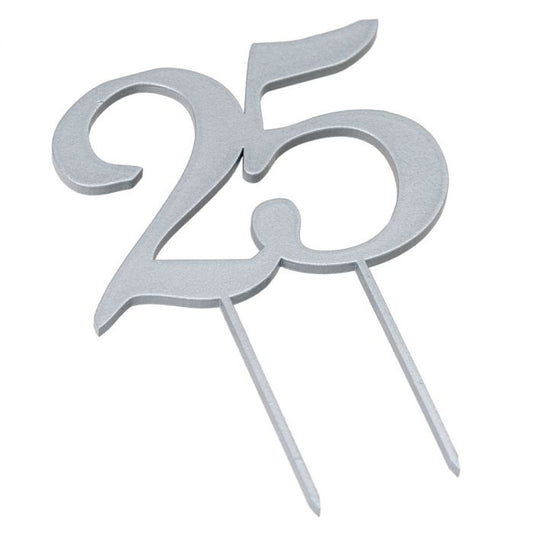 Wooden cake topper, 25 silver color.