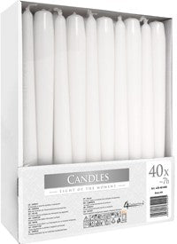 SUPER OFERTA!! Caja de 40 velas candelabro color blanco de 25 x 2,3 cm.