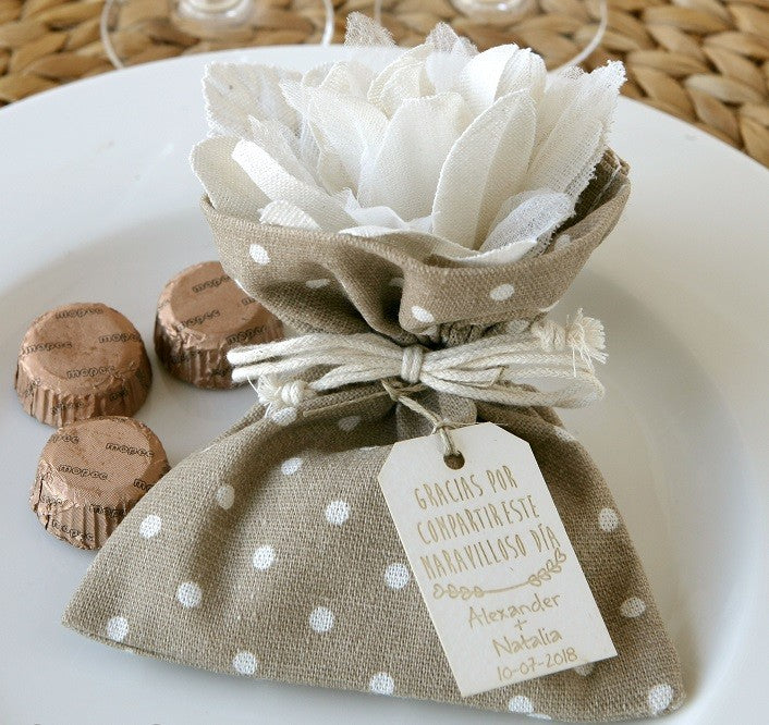 Brown bag 3 ivory flower chocolates 2 textures