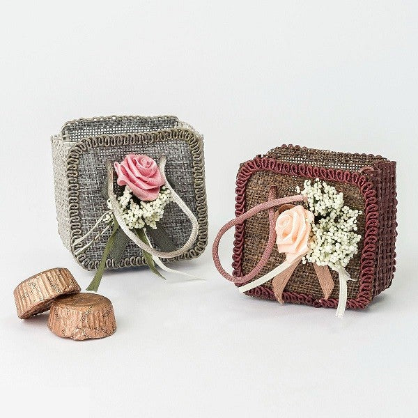 Brown/gray mesh bag with flowers for 2 chocolates