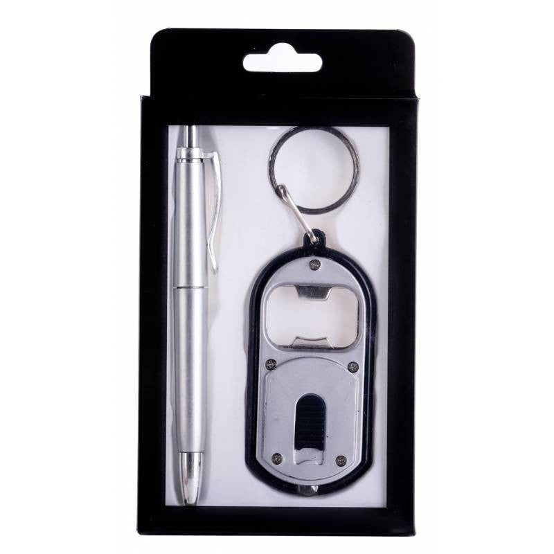 Gift box pen and keychain led flashlight opener