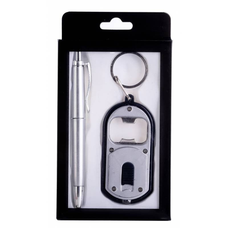 Caja de regalo bolígrafo y llavero linterna led abridor