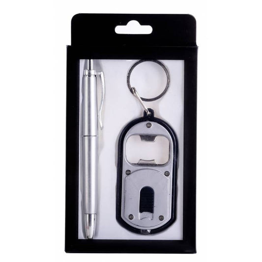 Caja de regalo bolígrafo y llavero linterna led abridor