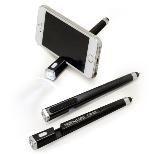 Bolígrafos negros con linterna, puntero y soporte para móvil