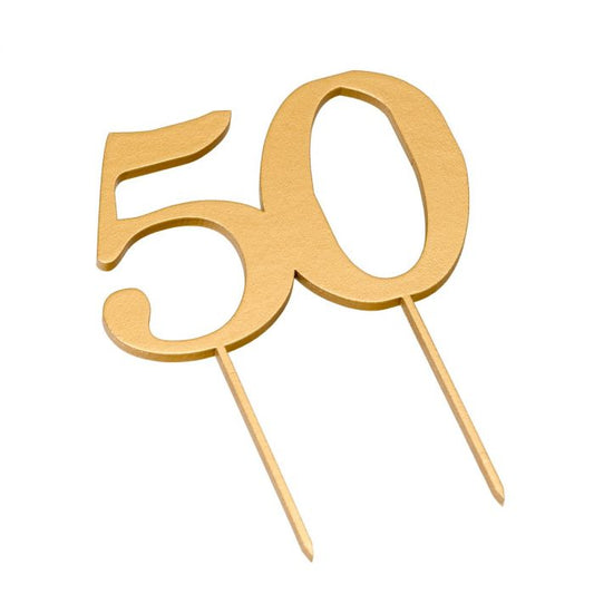 Wooden cake topper, 50 gold color.